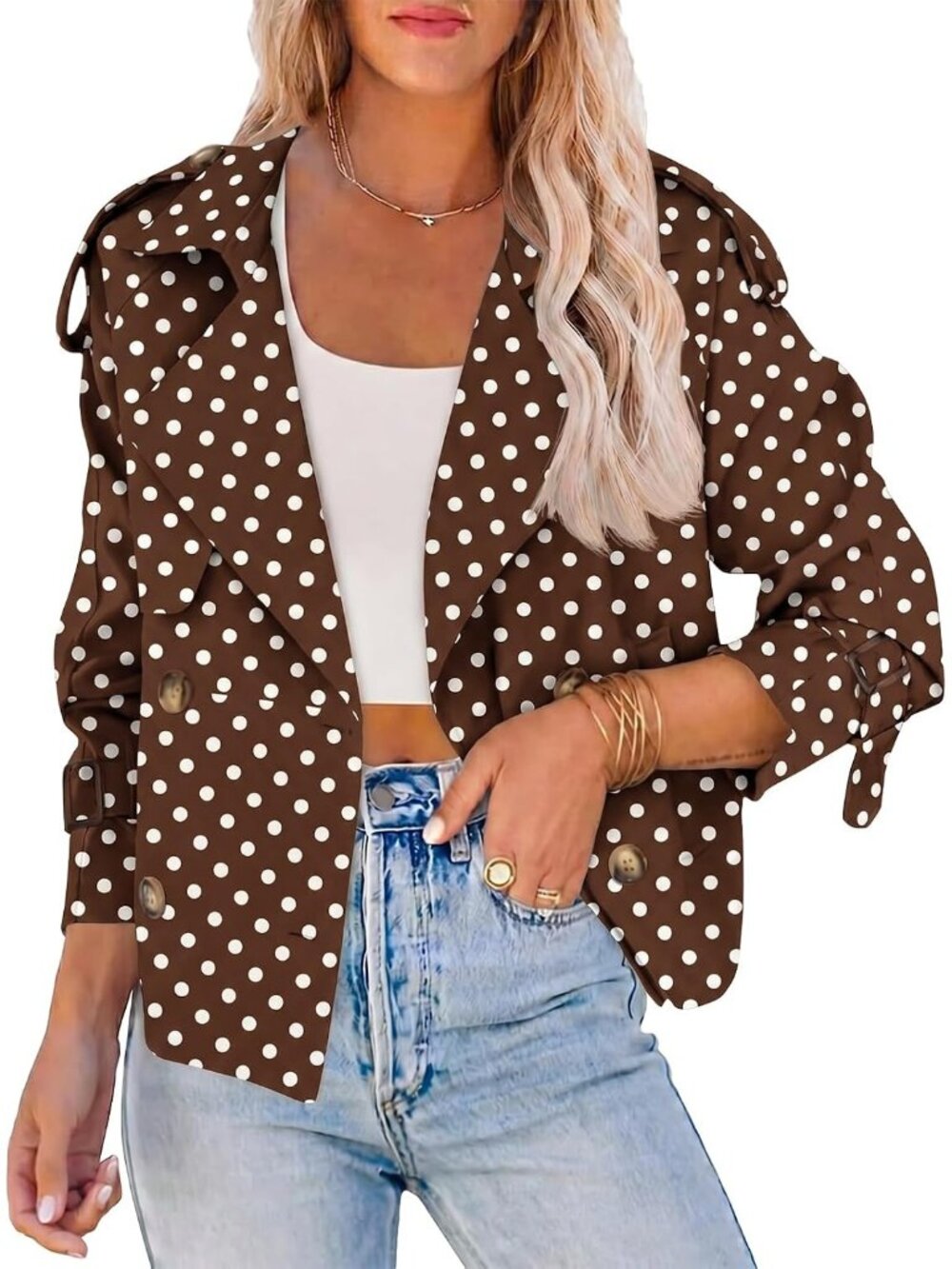 Women's Brown Polka Dots Cropped Raglan Sleeve Lapel Double Breasted Trench Coat
